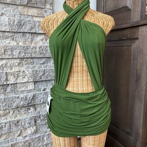 NWT. Norma Kamali Mio Swimsuit Women Large Ruched Mesh Halter Maillot One Piece